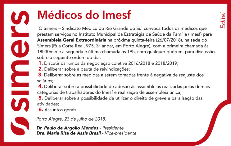 Leia mais sobre o artigo Assembleia dos médicos do Imesf na próxima quinta (26)