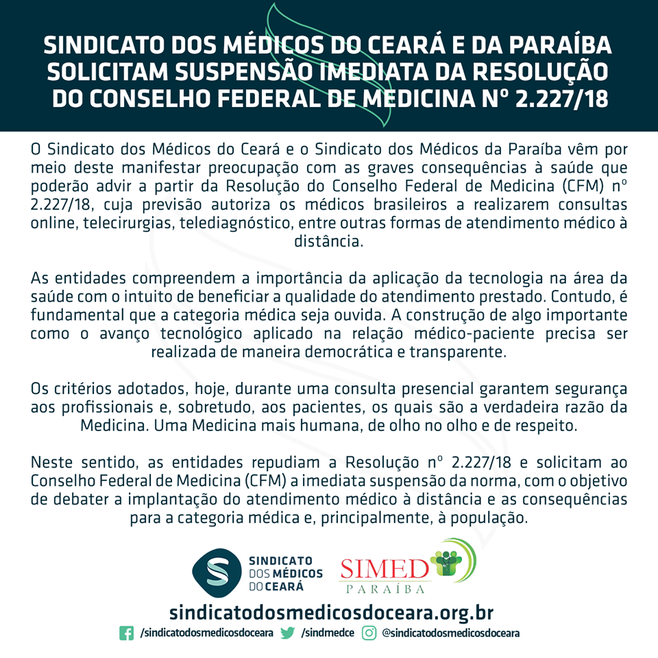 Leia mais sobre o artigo Sindicato dos Médicos do Ceará e da Paraíba solicitam suspensão imediata da Resolução do Conselho Federal de Medicina nº 2.227/18