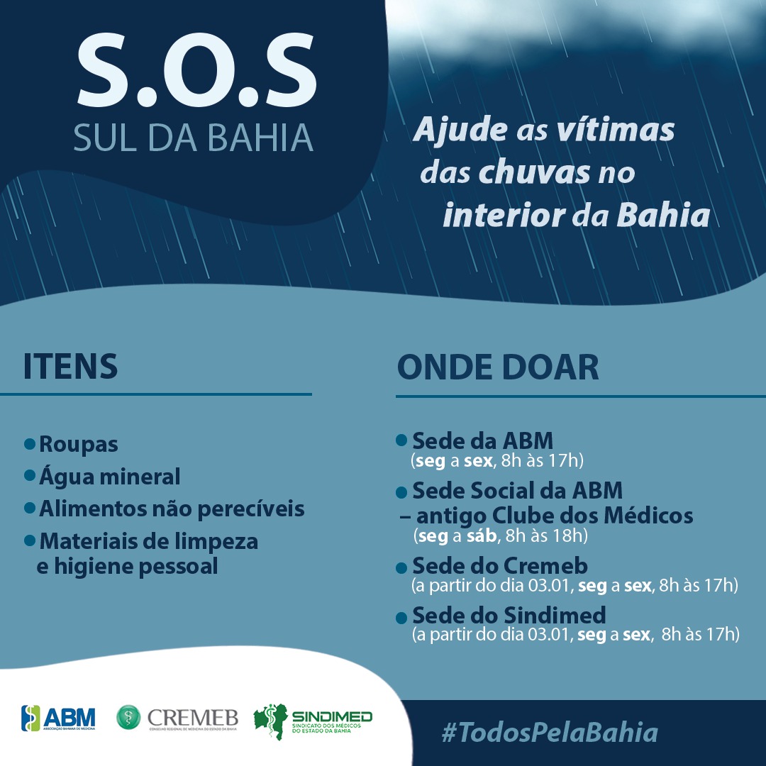 Leia mais sobre o artigo Cremeb, ABM e Sindimed lançam campanha para ajudar vítimas das chuvas na Bahia; saiba como participar